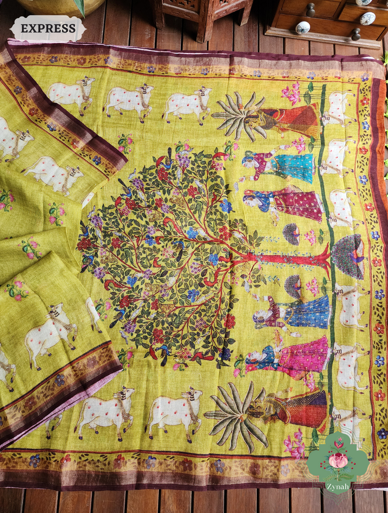 Zynah Henna Green Organic Linen Saree With Pichwai Print; Custom Stitched/Ready-made Blouse, Fall, Petticoat; SKU: 1006202301