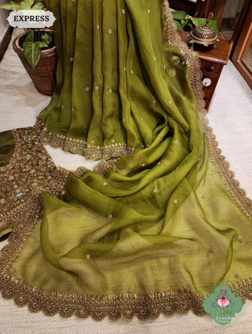 Mehendi Green Pure Organza Silk Saree with Zardozi, Pearl beads and Sequins Hand Embroidery 1