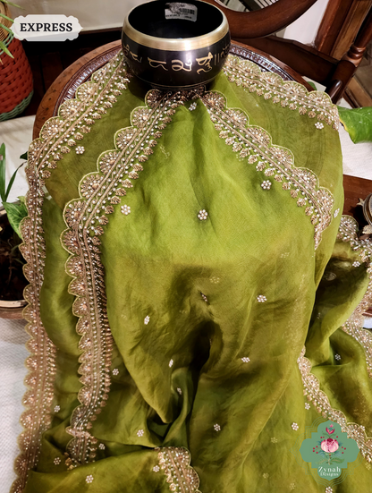 Mehendi Green Pure Organza Silk Saree with Zardozi, Pearl beads and Sequins Hand Embroidery 3