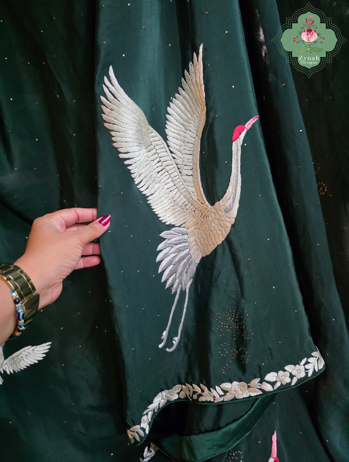 Mehrnaaz | Bottle Green Pure Crepe Silk Hand Embroidred Parsi Gara Saree With Crane Motifs and Mukaish Work