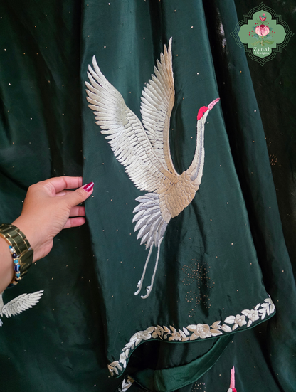 Mehrnaaz | Bottle Green Pure Crepe Silk Hand Embroidred Parsi Gara Saree With Crane Motifs and Mukaish Work
