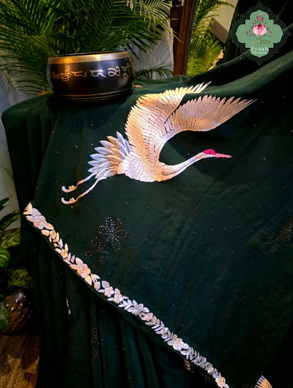Mehrnaaz | Bottle Green Pure Crepe Silk Hand Embroidred Parsi Gara Saree With Crane Motifs and Mukaish Work
