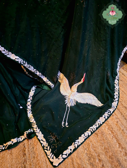 Mehrnaaz | Bottle Green Pure Crepe Silk Hand Embroidred Parsi Gara Saree With Crane Motifs and Mukaish Work