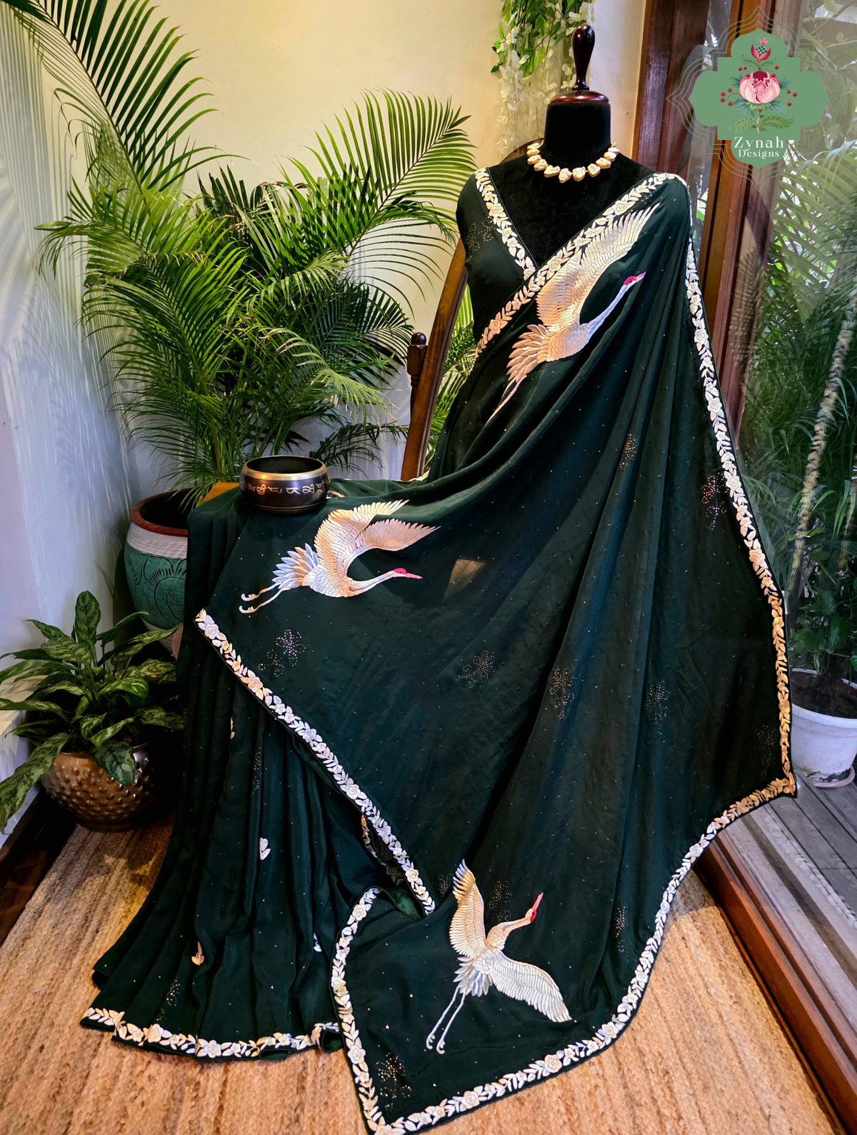 Mehrnaaz | Bottle Green Pure Crepe Silk Hand Embroidred Parsi Gara Saree With Crane Motifs and Mukaish Work