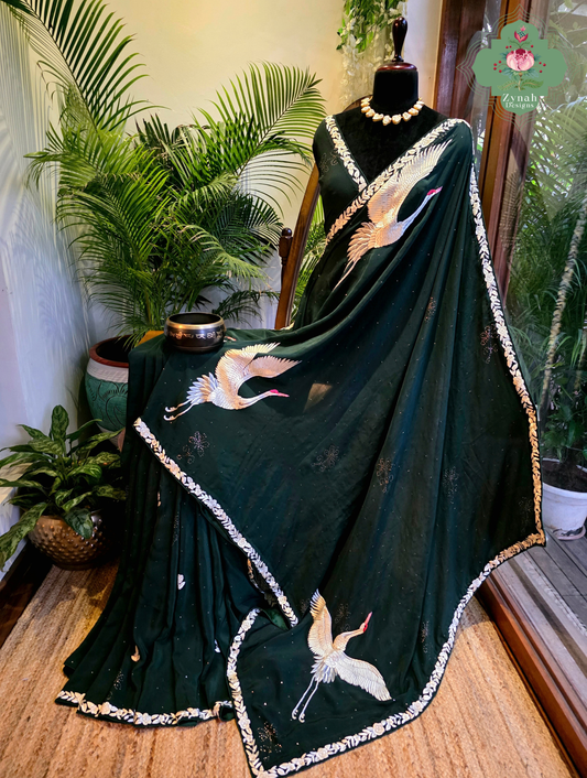 Mehrnaaz | Bottle Green Pure Crepe Silk Hand Embroidred Parsi Gara Saree With Crane Motifs and Mukaish Work