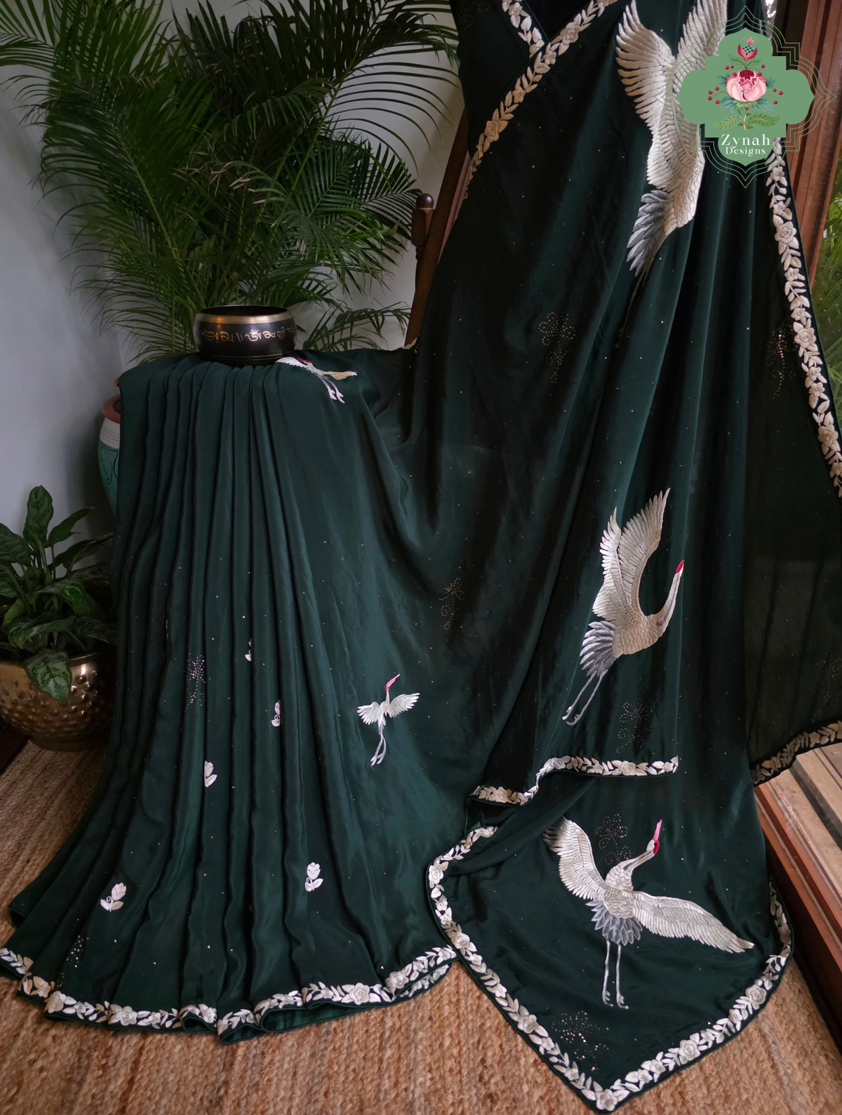 Mehrnaaz | Bottle Green Pure Crepe Silk Hand Embroidred Parsi Gara Saree With Crane Motifs and Mukaish Work