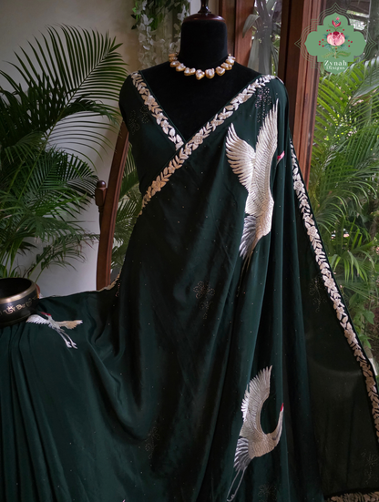 Mehrnaaz | Bottle Green Pure Crepe Silk Hand Embroidred Parsi Gara Saree With Crane Motifs and Mukaish Work