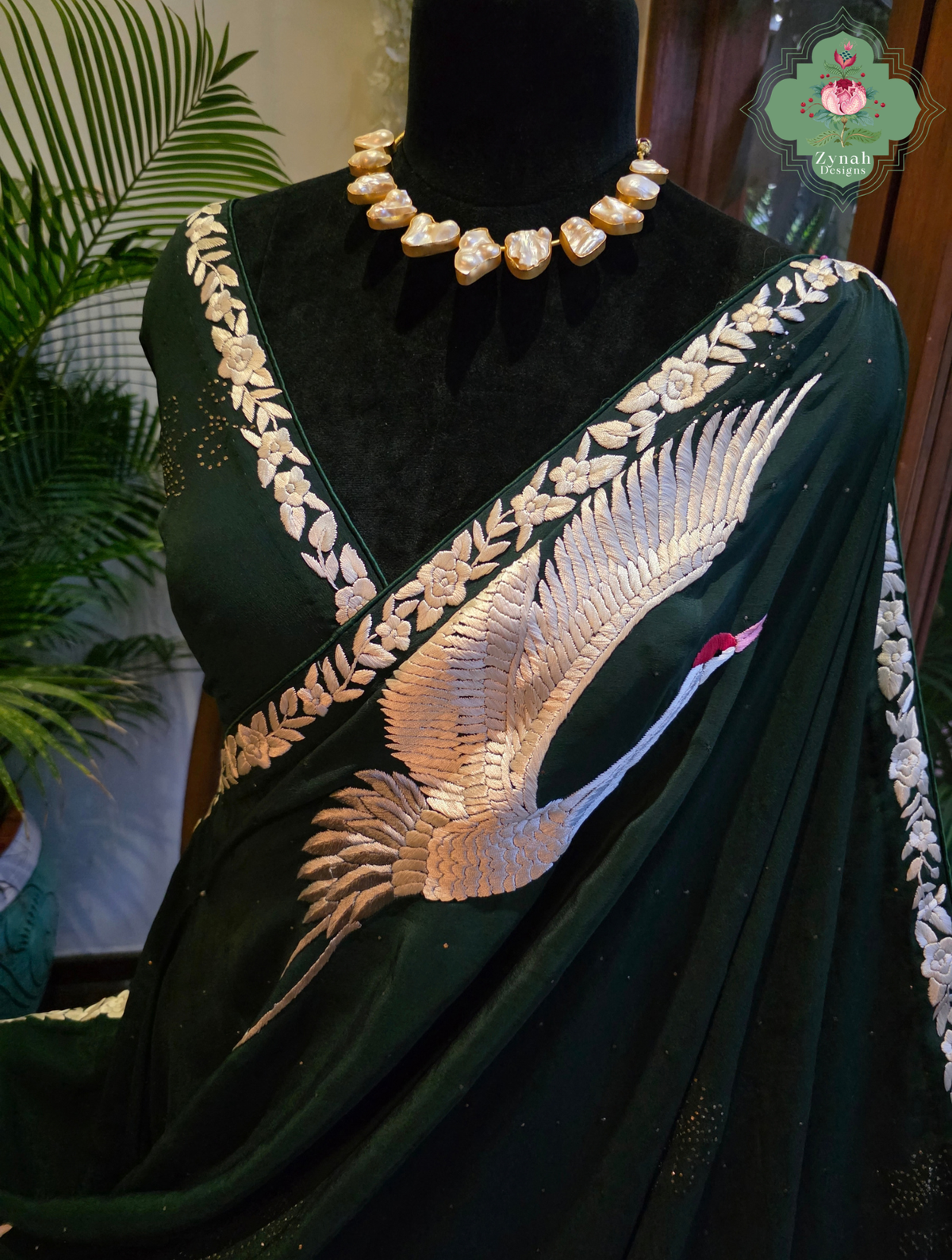 Mehrnaaz | Bottle Green Pure Crepe Silk Hand Embroidred Parsi Gara Saree With Crane Motifs and Mukaish Work
