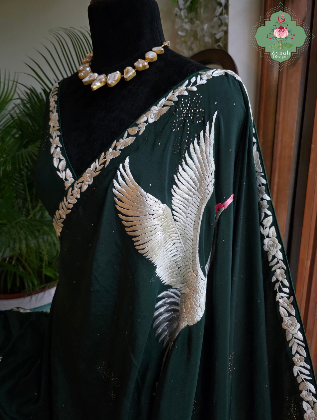 Mehrnaaz | Bottle Green Pure Crepe Silk Hand Embroidred Parsi Gara Saree With Crane Motifs and Mukaish Work