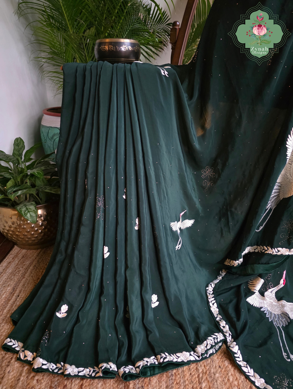 Mehrnaaz | Bottle Green Pure Crepe Silk Hand Embroidred Parsi Gara Saree With Crane Motifs and Mukaish Work