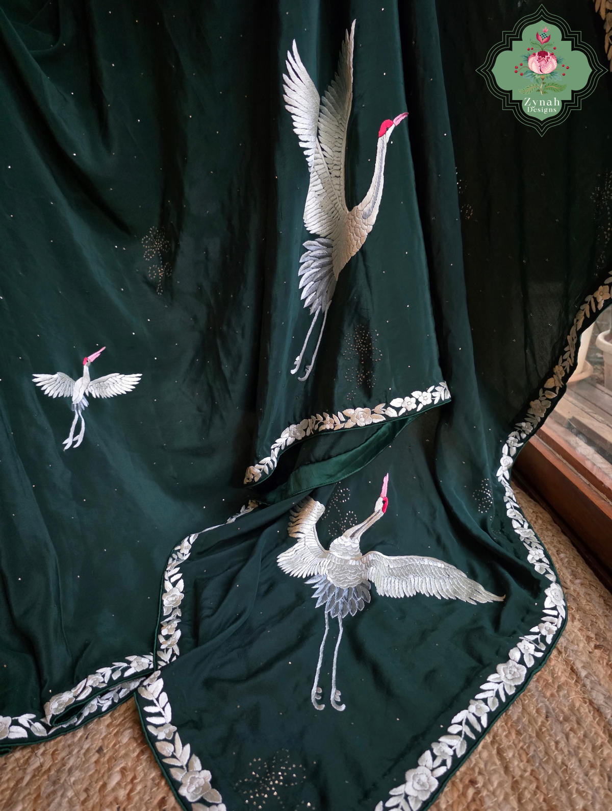 Mehrnaaz | Bottle Green Pure Crepe Silk Hand Embroidred Parsi Gara Saree With Crane Motifs and Mukaish Work