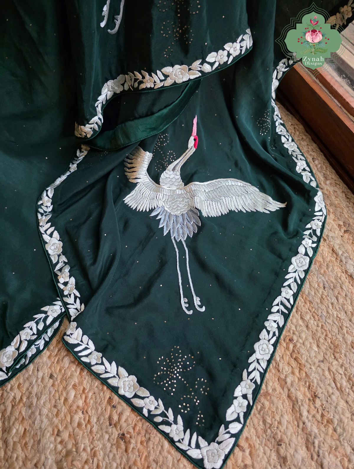 Mehrnaaz | Bottle Green Pure Crepe Silk Hand Embroidred Parsi Gara Saree With Crane Motifs and Mukaish Work