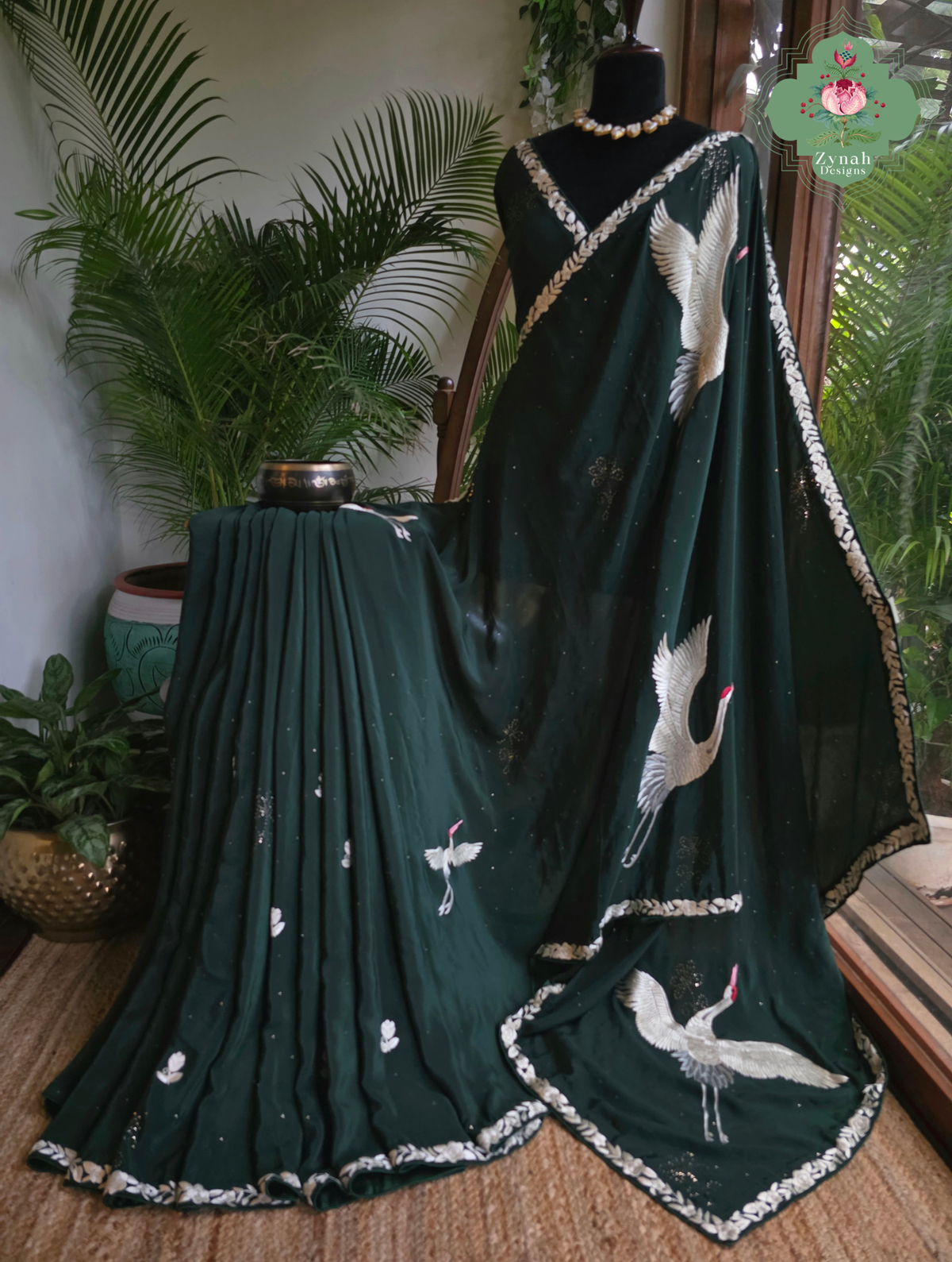 Mehrnaaz | Bottle Green Pure Crepe Silk Hand Embroidred Parsi Gara Saree With Crane Motifs and Mukaish Work