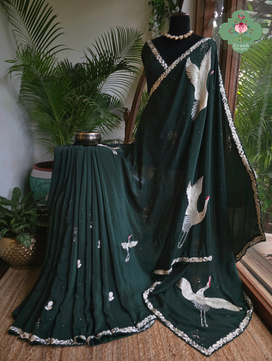 Mehrnaaz | Bottle Green Pure Crepe Silk Hand Embroidred Parsi Gara Saree With Crane Motifs and Mukaish Work