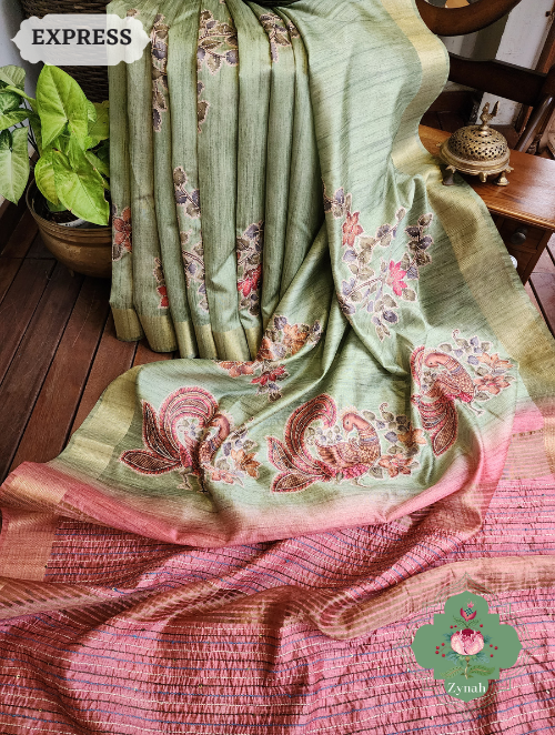 Stunning Metallic Green Jute Tissue Saree with Kantha Work & Floral Prints - a must-have for any elegant wardrobe.