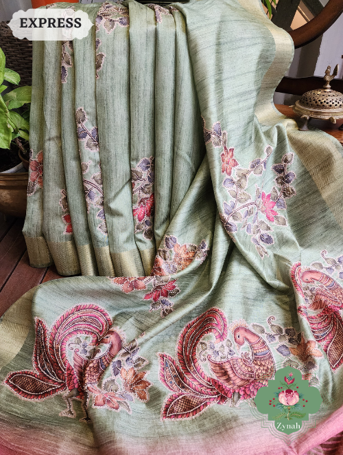 Zynah Metallic Mint Green Jute Tissue Saree With Mayuras & Floral Vine Prints With Hand Kantha Work; Custom Stitched/Ready-made Blouse, Fall, Petticoat; SKU: 0805202301
