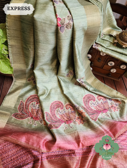 Zynah Metallic Mint Green Jute Tissue Saree With Mayuras & Floral Vine Prints With Hand Kantha Work; Custom Stitched/Ready-made Blouse, Fall, Petticoat; SKU: 0805202301