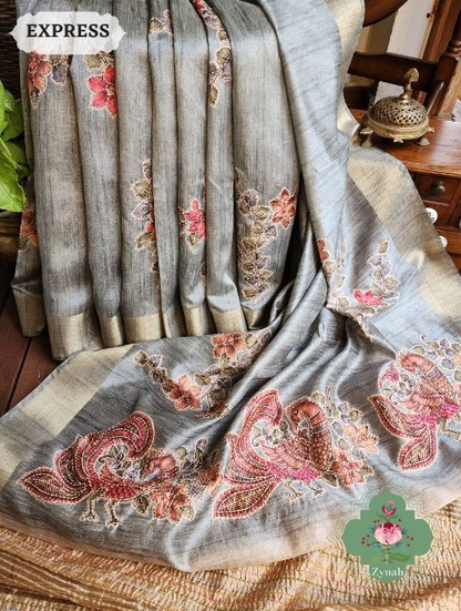Zynah Metallic Teal Jute Tissue Saree With Mayuras & Floral Vine Prints With Hand Kantha Work; Custom Stitched/Ready-made Blouse, Fall, Petticoat; SKU: 0805202302