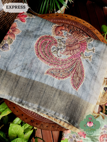 Zynah Metallic Teal Jute Tissue Saree With Mayuras & Floral Vine Prints With Hand Kantha Work; Custom Stitched/Ready-made Blouse, Fall, Petticoat; SKU: 0805202302