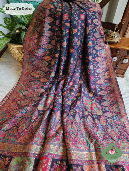 Zynah Shaam – Midnight Blue Handwoven Kashmiri Pure Kani Silk Jamavar Saree