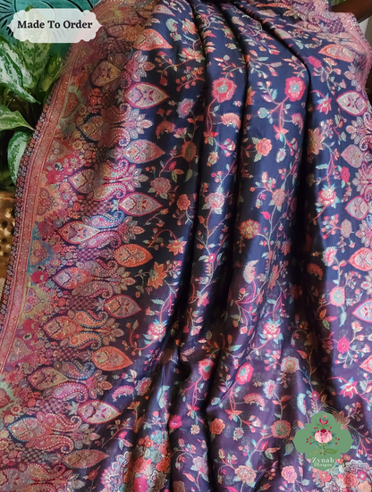 Zynah Shaam – Midnight Blue Handwoven Kashmiri Pure Kani Silk Jamavar Saree
