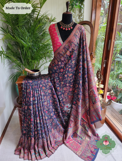 Zynah Made To Order Midnight Blue Handwoven Kashmiri Pure Kani Silk Jamavar Saree; Custom Stitched/Ready-made Blouse, Fall, Petticoat; SKU: 0110202511