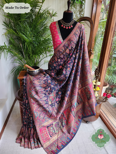 Zynah Made To Order Midnight Blue Handwoven Kashmiri Pure Kani Silk Jamavar Saree; Custom Stitched/Ready-made Blouse, Fall, Petticoat; SKU: 0110202511