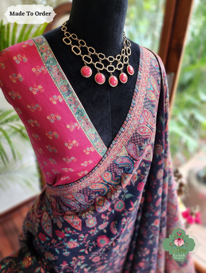 Zynah Shaam – Midnight Blue Handwoven Kashmiri Pure Kani Silk Jamavar Saree