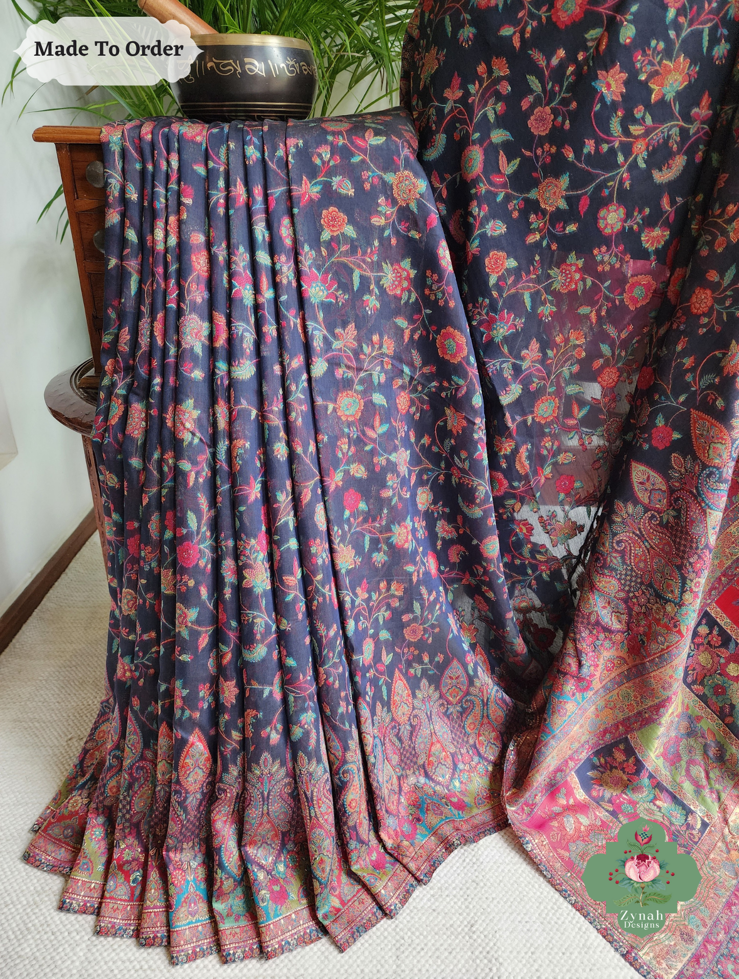 Zynah Shaam – Midnight Blue Handwoven Kashmiri Pure Kani Silk Jamavar Saree