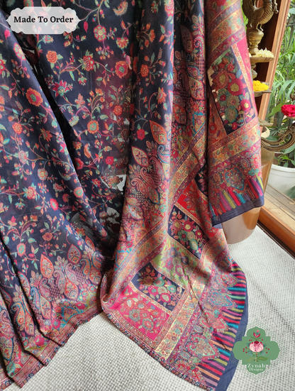 Zynah Shaam – Midnight Blue Handwoven Kashmiri Pure Kani Silk Jamavar Saree