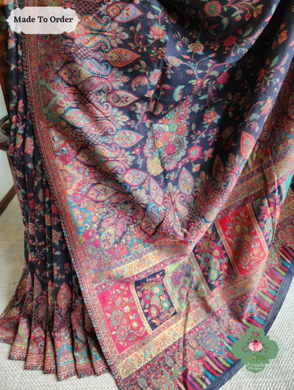 Zynah Shaam – Midnight Blue Handwoven Kashmiri Pure Kani Silk Jamavar Saree