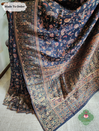 Zynah Made To Order Midnight Blue Handwoven Kashmiri Pure Kani Silk Jamavar Saree; Custom Stitched/Ready-made Blouse, Fall, Petticoat; SKU: 0110202503