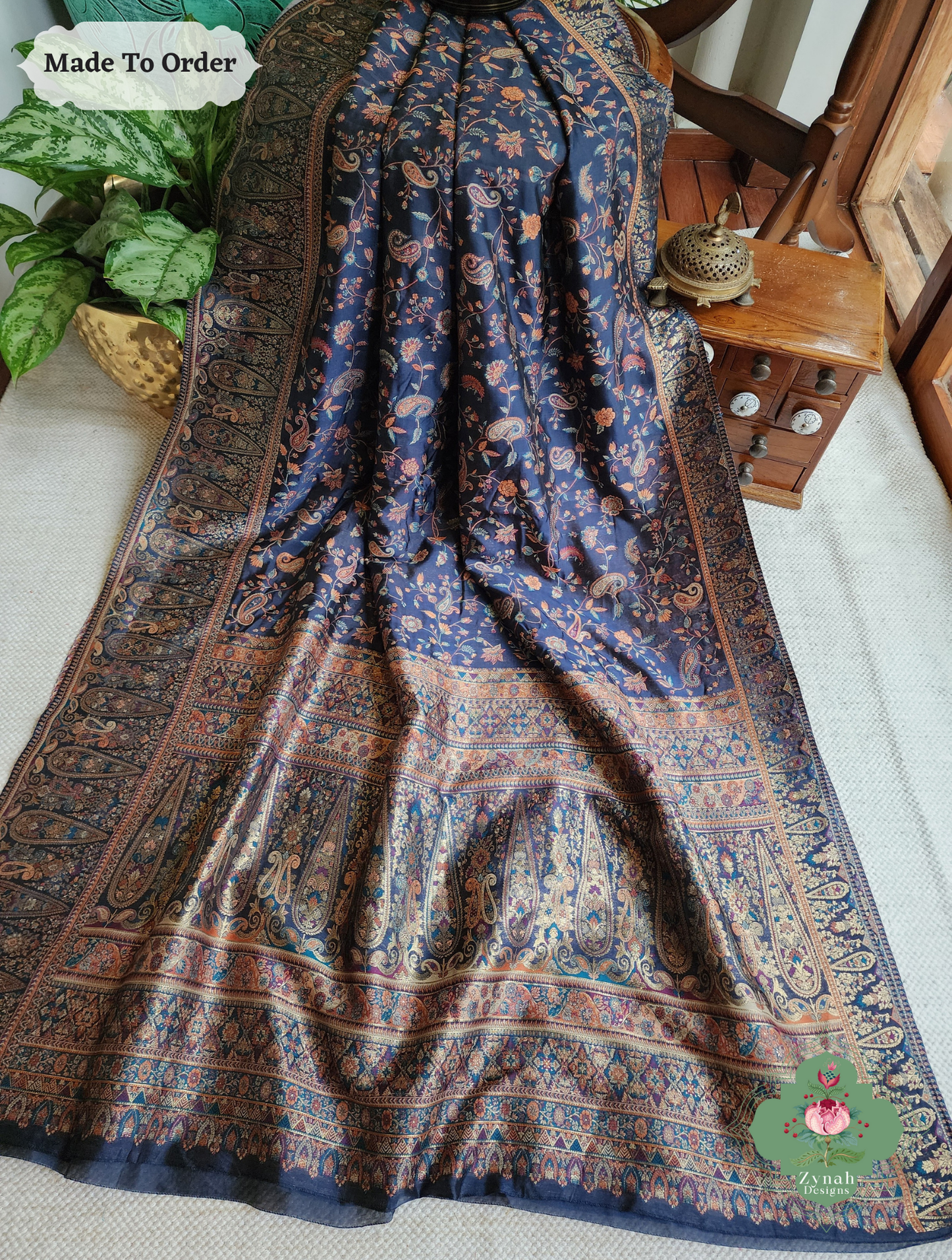 Zynah Made To Order Midnight Blue Handwoven Kashmiri Pure Kani Silk Jamavar Saree; Custom Stitched/Ready-made Blouse, Fall, Petticoat; SKU: 0110202503