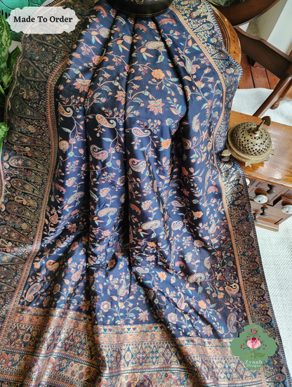Zynah Made To Order Midnight Blue Handwoven Kashmiri Pure Kani Silk Jamavar Saree; Custom Stitched/Ready-made Blouse, Fall, Petticoat; SKU: 0110202503
