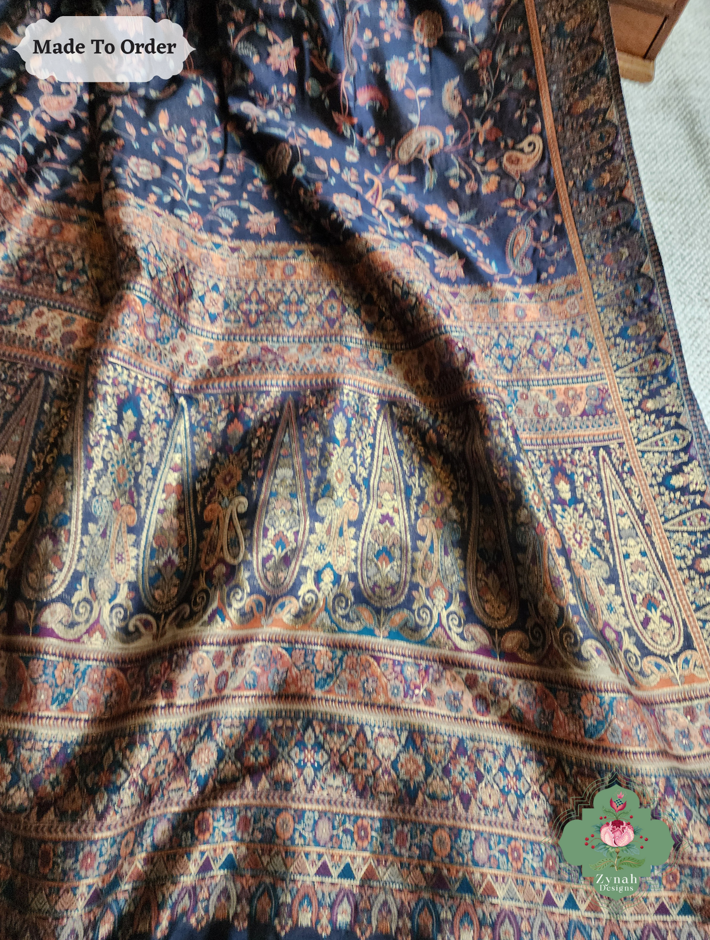 Zynah Made To Order Midnight Blue Handwoven Kashmiri Pure Kani Silk Jamavar Saree; Custom Stitched/Ready-made Blouse, Fall, Petticoat; SKU: 0110202503