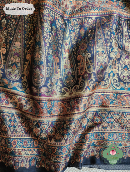 Zynah Made To Order Midnight Blue Handwoven Kashmiri Pure Kani Silk Jamavar Saree; Custom Stitched/Ready-made Blouse, Fall, Petticoat; SKU: 0110202503