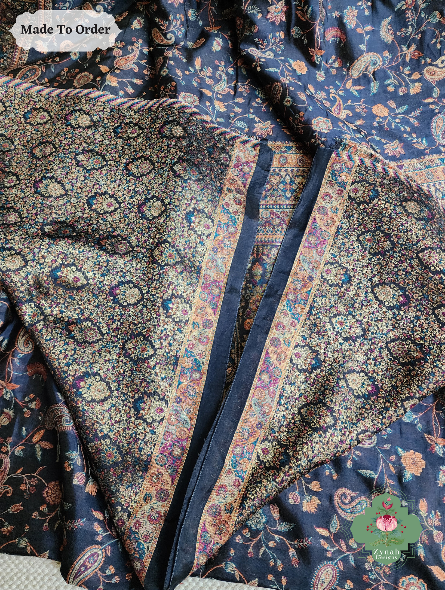 Zynah Made To Order Midnight Blue Handwoven Kashmiri Pure Kani Silk Jamavar Saree; Custom Stitched/Ready-made Blouse, Fall, Petticoat; SKU: 0110202503