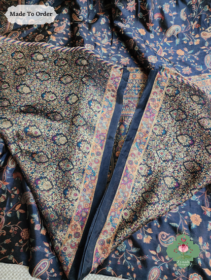 Zynah Made To Order Midnight Blue Handwoven Kashmiri Pure Kani Silk Jamavar Saree; Custom Stitched/Ready-made Blouse, Fall, Petticoat; SKU: 0110202503