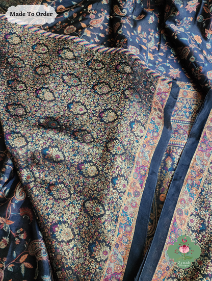 Zynah Made To Order Midnight Blue Handwoven Kashmiri Pure Kani Silk Jamavar Saree; Custom Stitched/Ready-made Blouse, Fall, Petticoat; SKU: 0110202503