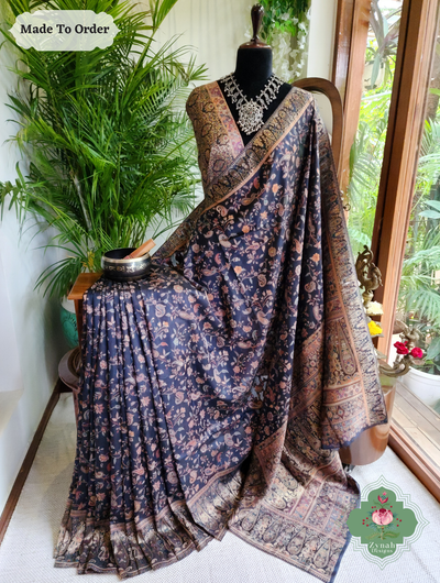 Zynah Made To Order Midnight Blue Handwoven Kashmiri Pure Kani Silk Jamavar Saree; Custom Stitched/Ready-made Blouse, Fall, Petticoat; SKU: 0110202503