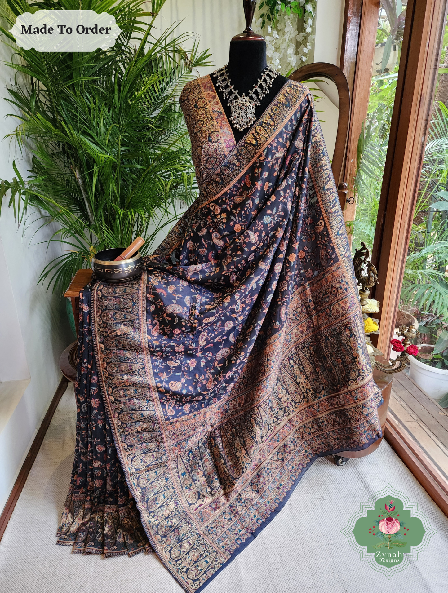 Zynah Made To Order Midnight Blue Handwoven Kashmiri Pure Kani Silk Jamavar Saree; Custom Stitched/Ready-made Blouse, Fall, Petticoat; SKU: 0110202503