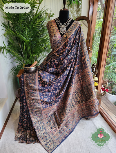 Zynah Made To Order Midnight Blue Handwoven Kashmiri Pure Kani Silk Jamavar Saree; Custom Stitched/Ready-made Blouse, Fall, Petticoat; SKU: 0110202503