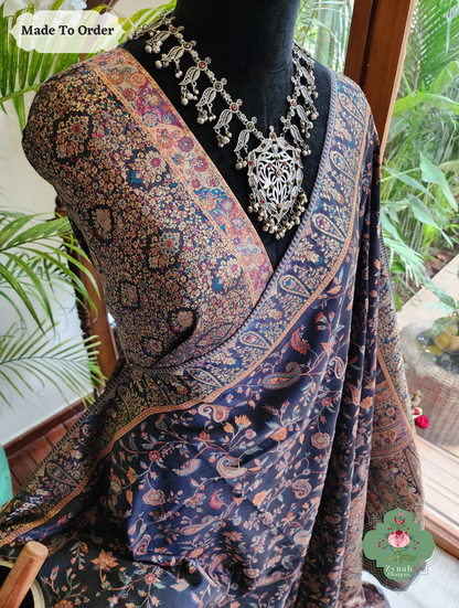 Zynah Made To Order Midnight Blue Handwoven Kashmiri Pure Kani Silk Jamavar Saree; Custom Stitched/Ready-made Blouse, Fall, Petticoat; SKU: 0110202503