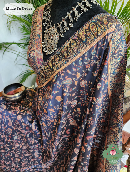 Zynah Made To Order Midnight Blue Handwoven Kashmiri Pure Kani Silk Jamavar Saree; Custom Stitched/Ready-made Blouse, Fall, Petticoat; SKU: 0110202503
