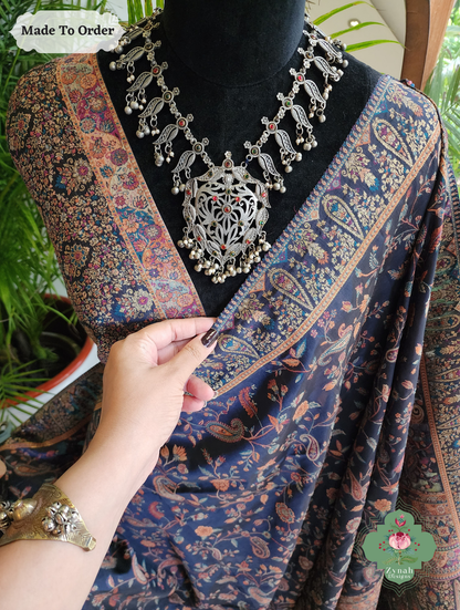 Zynah Made To Order Midnight Blue Handwoven Kashmiri Pure Kani Silk Jamavar Saree; Custom Stitched/Ready-made Blouse, Fall, Petticoat; SKU: 0110202503