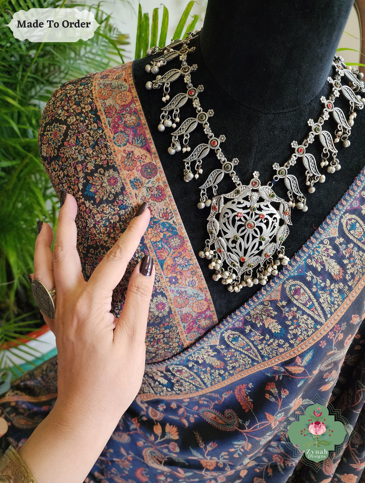 Zynah Made To Order Midnight Blue Handwoven Kashmiri Pure Kani Silk Jamavar Saree; Custom Stitched/Ready-made Blouse, Fall, Petticoat; SKU: 0110202503