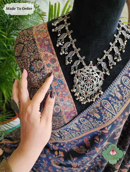 Zynah Made To Order Midnight Blue Handwoven Kashmiri Pure Kani Silk Jamavar Saree; Custom Stitched/Ready-made Blouse, Fall, Petticoat; SKU: 0110202503