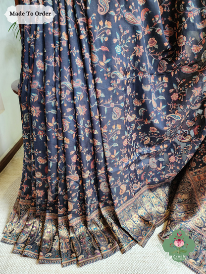 Zynah Made To Order Midnight Blue Handwoven Kashmiri Pure Kani Silk Jamavar Saree; Custom Stitched/Ready-made Blouse, Fall, Petticoat; SKU: 0110202503
