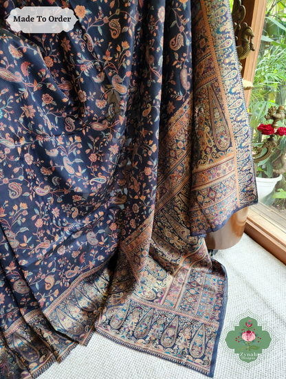 Zynah Made To Order Midnight Blue Handwoven Kashmiri Pure Kani Silk Jamavar Saree; Custom Stitched/Ready-made Blouse, Fall, Petticoat; SKU: 0110202503