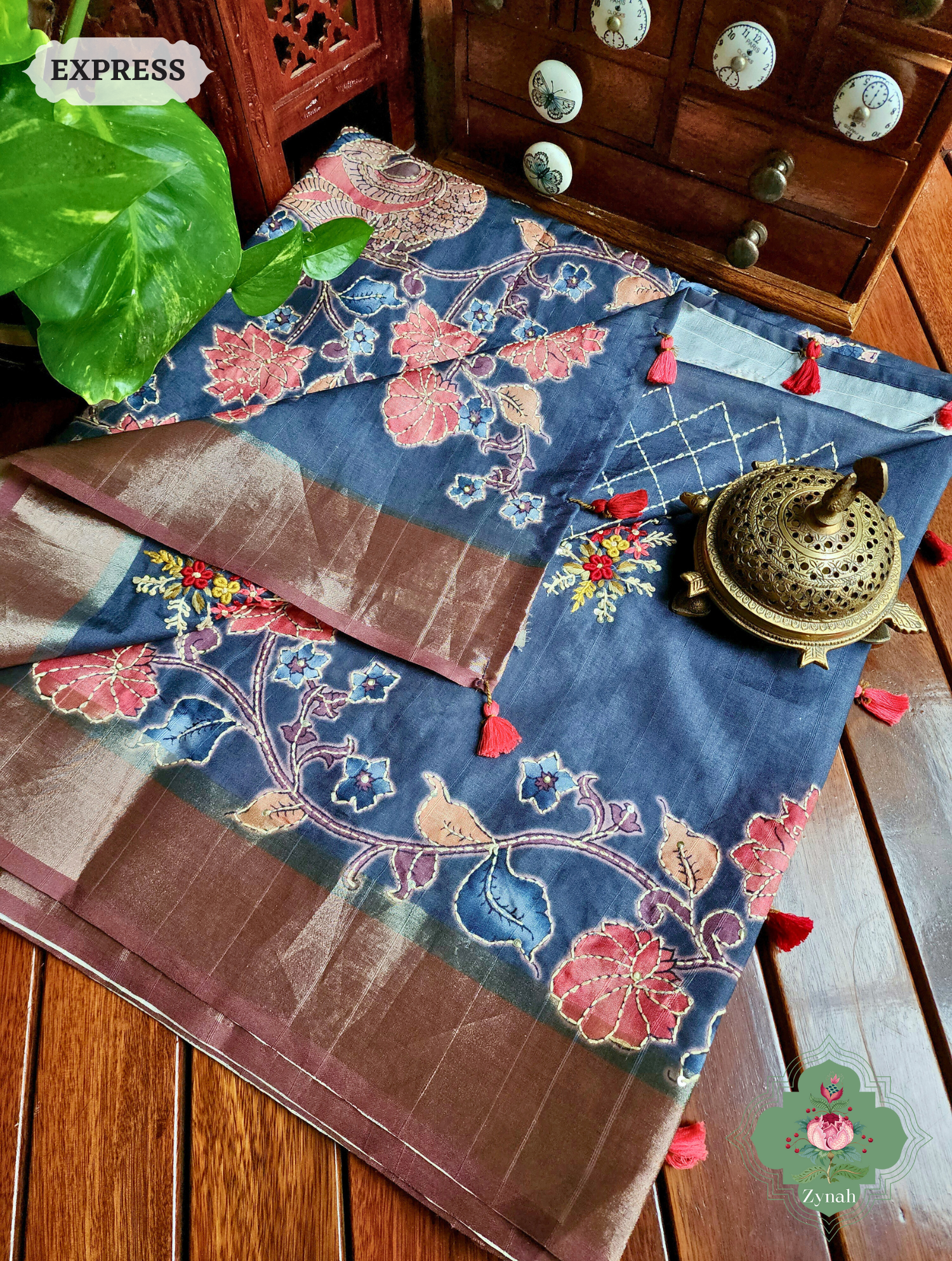 Midnight Blue Jute Linen Saree, Kalamkari Pallu With Kantha Work, All Over Frenchknot Embroidery Butis